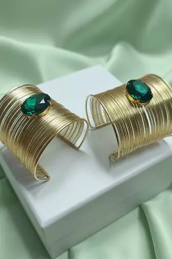 combo of two green crystal cz ad stone gold-plated adjustable cuff bangle bracelet