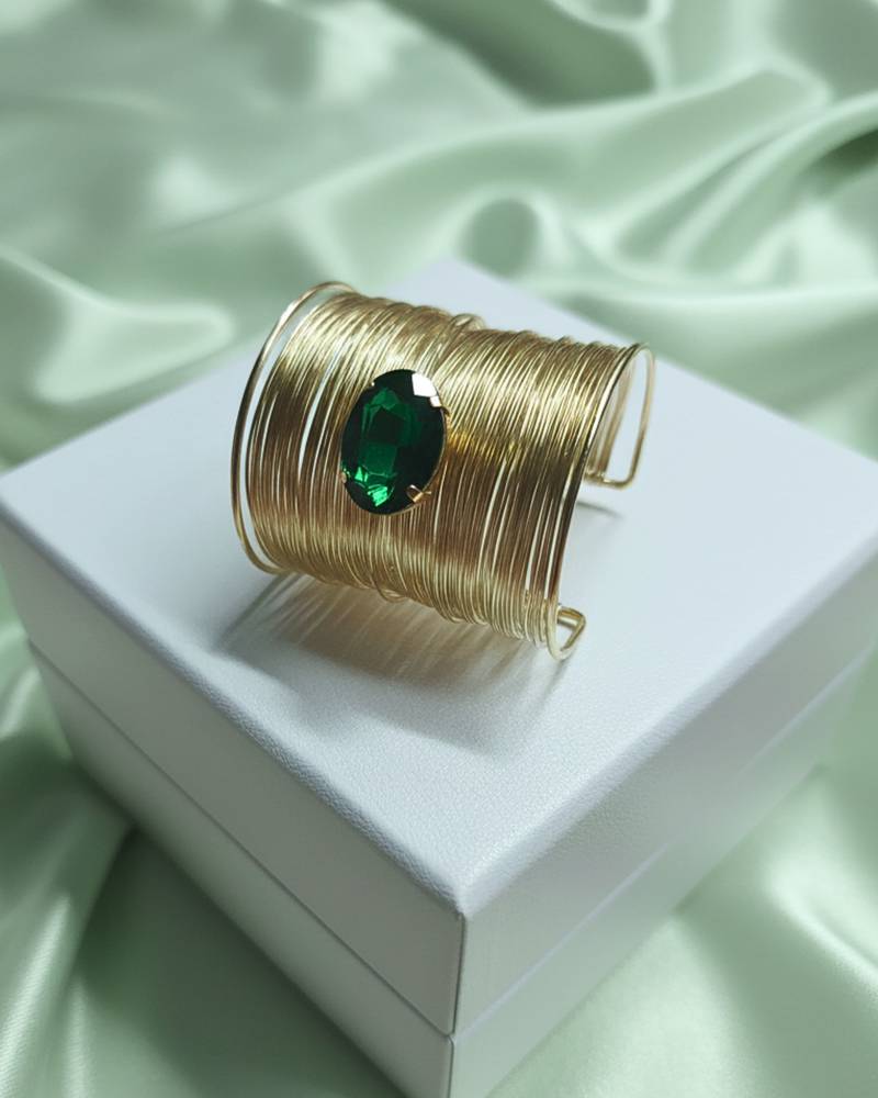 combo of two green crystal cz ad stone gold-plated adjustable cuff bangle bracelet