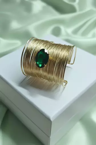 green crystal cz ad stone gold-plated fancy adjustable cuff bangle bracelet