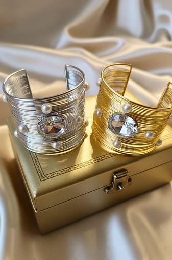 combo of two big crystal ad pearl stone gold & silver-plated adjustable cuff bracelet