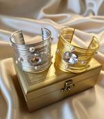 combo of two big crystal ad pearl stone gold & silver-plated adjustable cuff bracelet