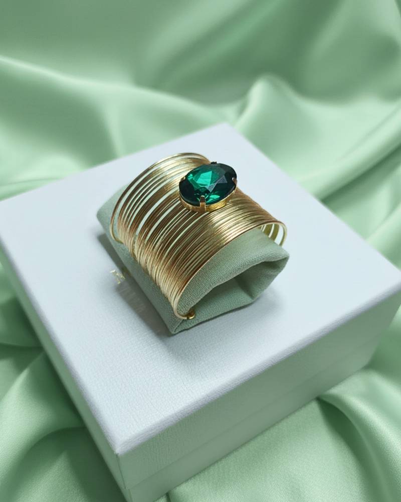 green crystal cz ad stone gold-plated fancy adjustable cuff bangle bracelet