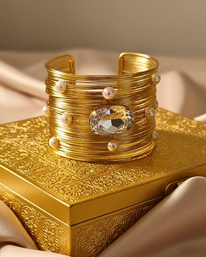 combo of two big crystal ad pearl stone gold & silver-plated adjustable cuff bracelet