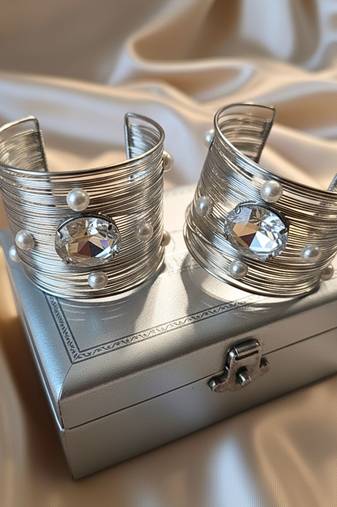 combo of two big crystal ad pearl stone silver-plated  adjustable cuff bracelet