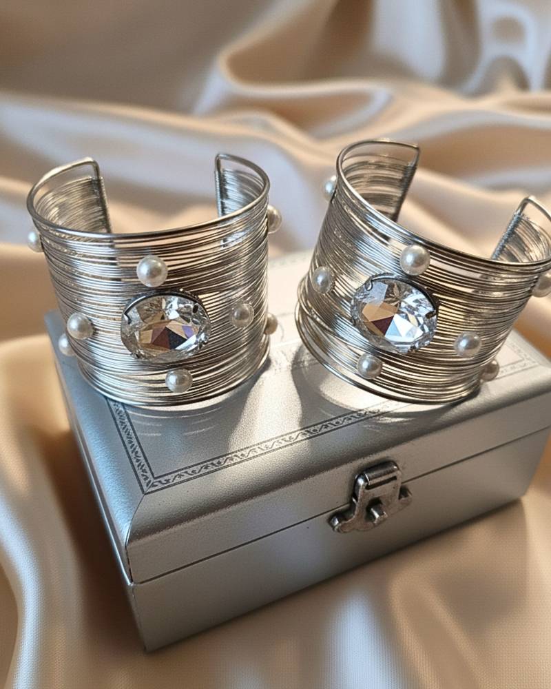 combo of two big crystal ad pearl stone silver-plated  adjustable cuff bracelet