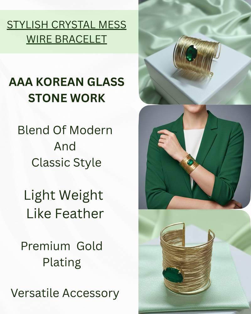 green crystal cz ad stone gold-plated fancy adjustable cuff bangle bracelet