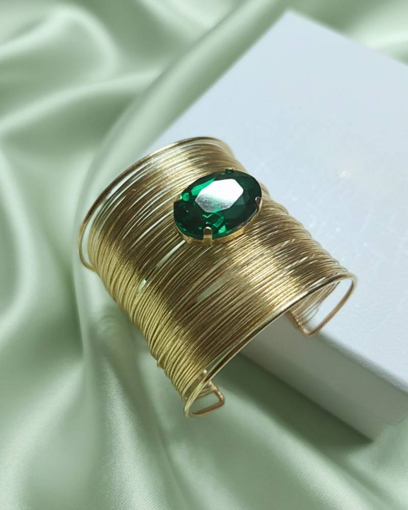 green crystal cz ad stone gold-plated fancy adjustable cuff bangle bracelet