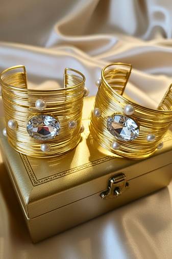 combo of two big crystal ad pearl stone gold-plated adjustable cuff bracelet