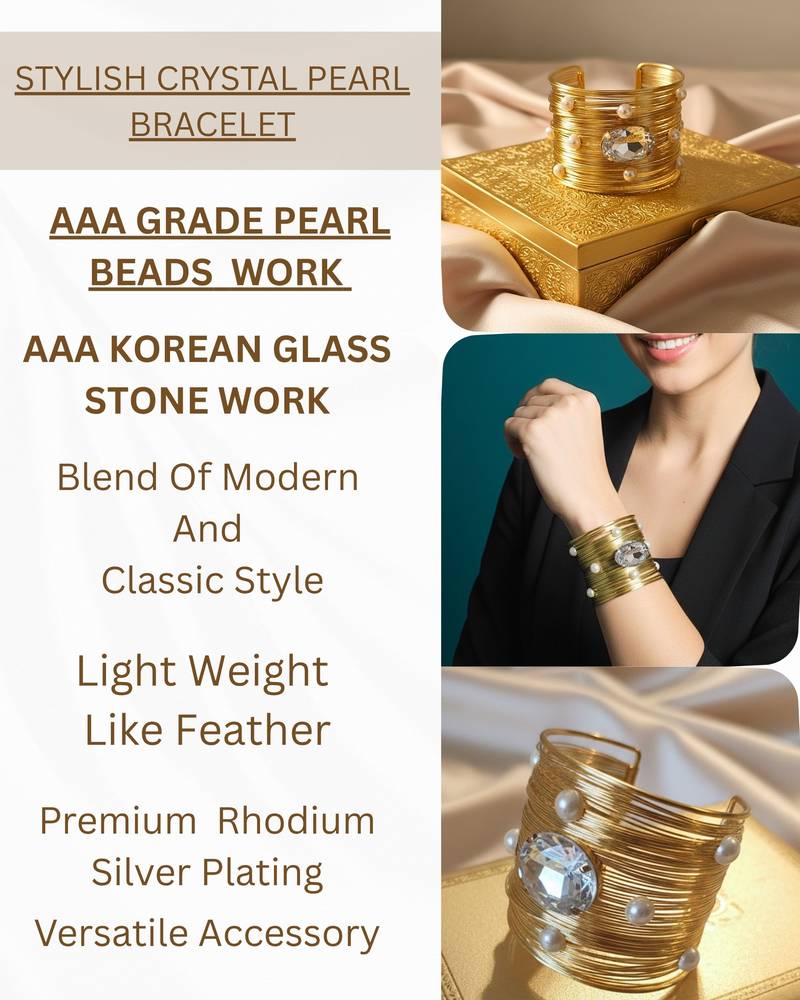 combo of two big crystal ad pearl stone gold & silver-plated adjustable cuff bracelet