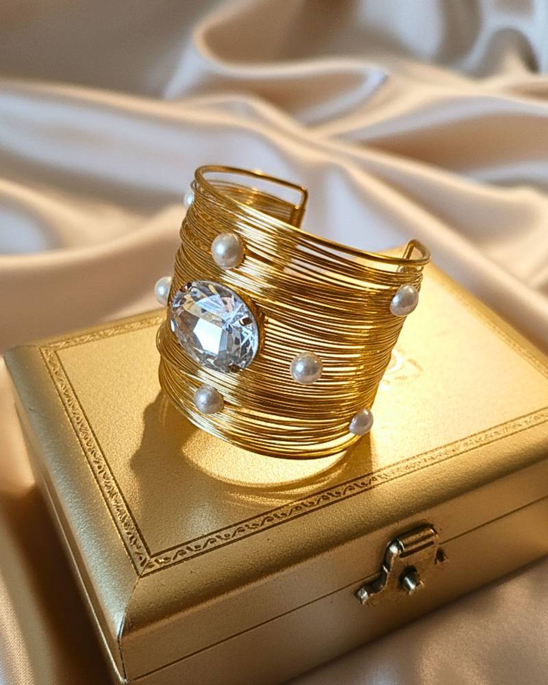 combo of two big crystal ad pearl stone gold-plated adjustable cuff bracelet