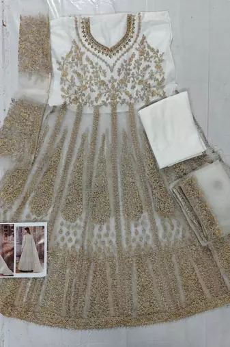 cream net embroidered bridal abaya style churidar suit