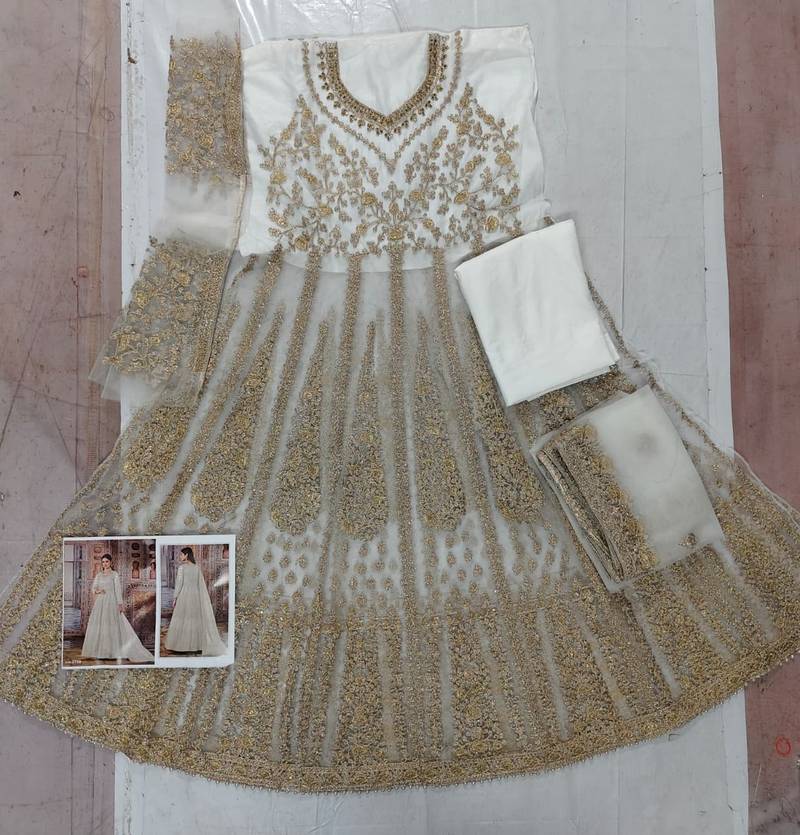 Cream Net Bridal Embroidered Abaya Churidar Suit