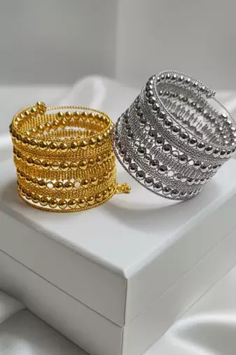 combo of two metal beads gold & silver-plated adjustable strechable bangle bracelet