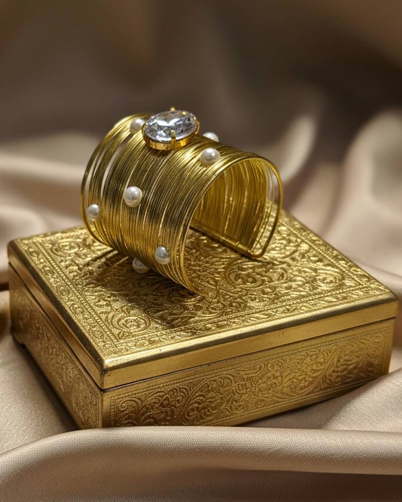 combo of two big crystal ad pearl stone gold-plated adjustable cuff bracelet