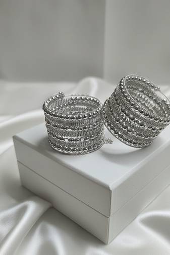 combo of two metal beads silver-plated adjustable strechable kada bangle bracelet