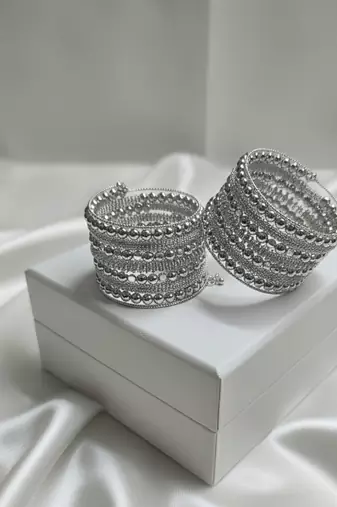 combo of two metal beads silver-plated adjustable strechable kada bangle bracelet