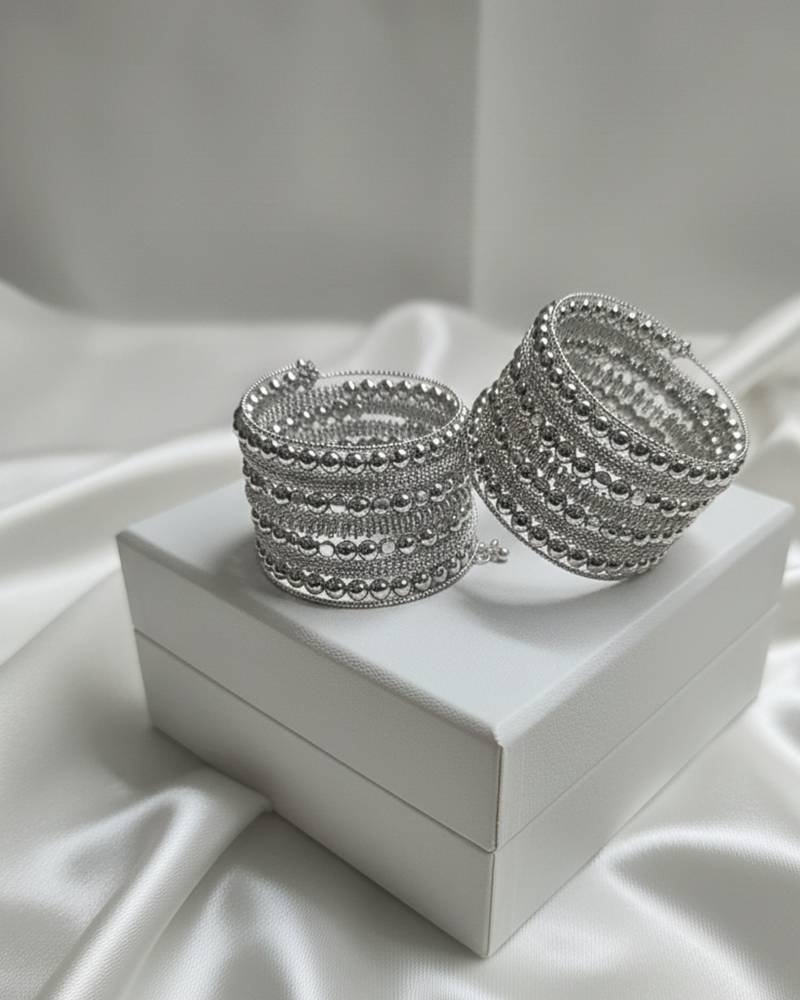 combo of two metal beads silver-plated adjustable strechable kada bangle bracelet