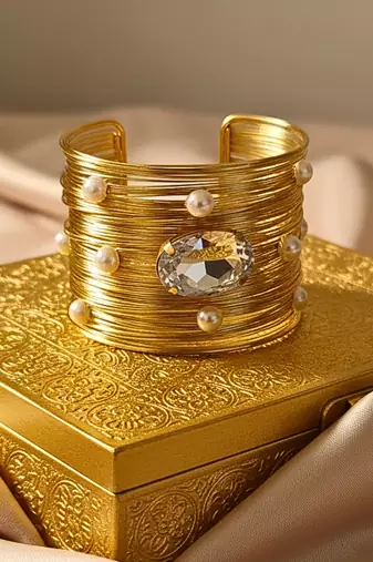 mess wire big crystal ad pearl stone gold-plated adjustable cuff bangle bracelet