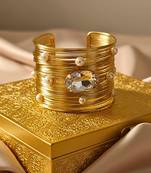 mess wire big crystal ad pearl stone gold-plated adjustable cuff bangle bracelet