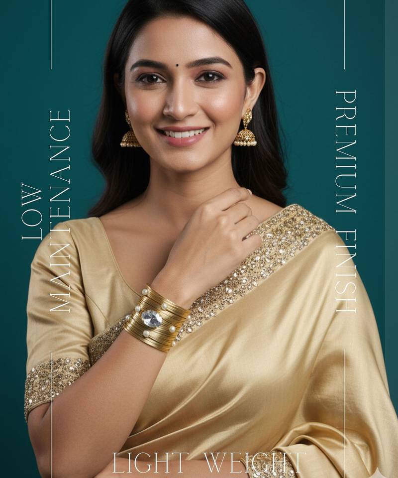 mess wire big crystal ad pearl stone gold-plated adjustable cuff bangle bracelet