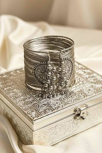 silver-plated fancy stylish hanging balls daily wear  adjustable cuff  bracelet