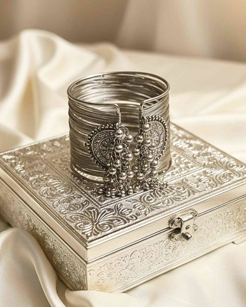 silver-plated fancy stylish hanging balls daily wear  adjustable cuff  bracelet