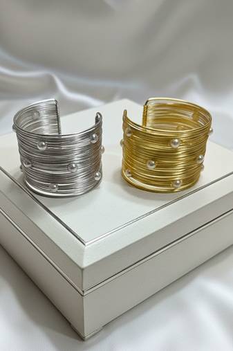 combo of two pearl stone gold & silver-plated adjustable cuff bangle bracelet