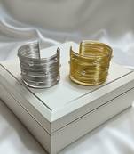 combo of two pearl stone gold & silver-plated adjustable cuff bangle bracelet