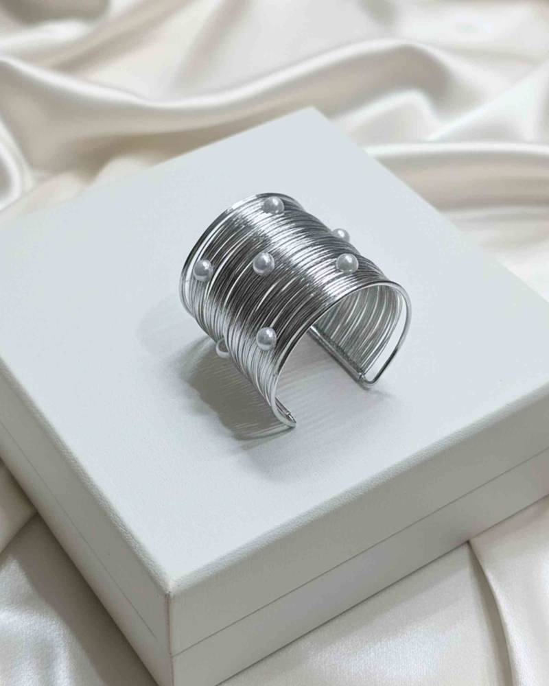 combo of two pearl stone gold & silver-plated adjustable cuff bangle bracelet