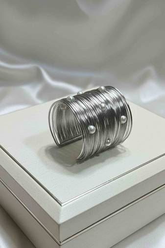 mess wire pearl stone silver-plated daily wear adjustable cuff bangle bracelet