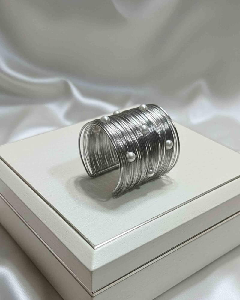 mess wire pearl stone silver-plated daily wear adjustable cuff bangle bracelet