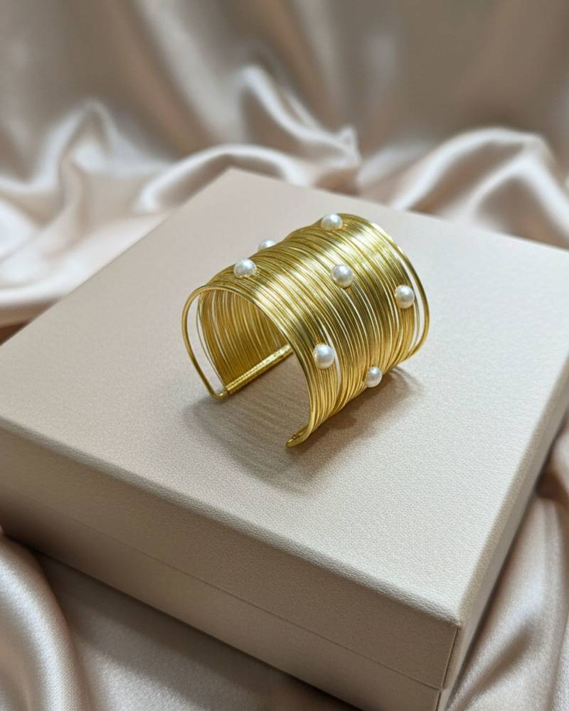 combo of two pearl stone gold & silver-plated adjustable cuff bangle bracelet