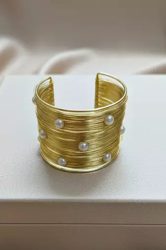 mess wire pearl stone gold-plated daily wear adjustable cuff bangle bracelet