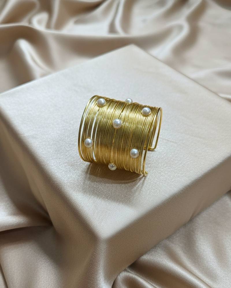 mess wire pearl stone gold-plated daily wear adjustable cuff bangle bracelet