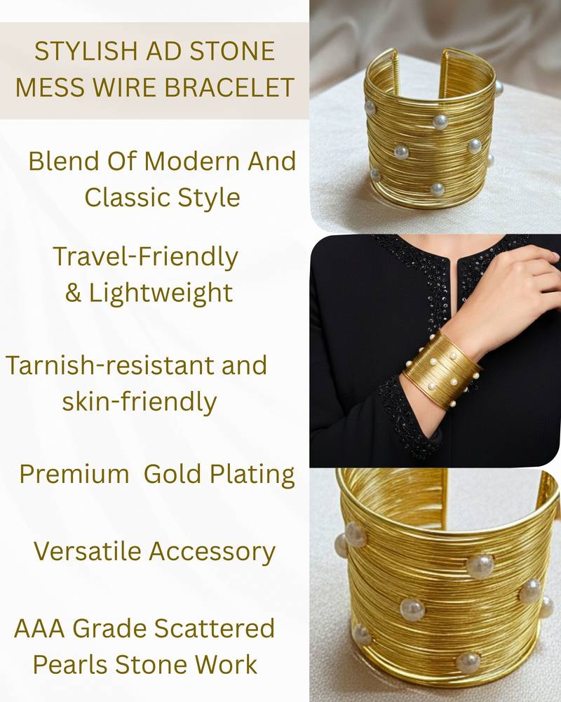 mess wire pearl stone gold-plated daily wear adjustable cuff bangle bracelet