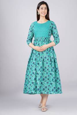 Women floral printed round neck  cotton maternity dress 1