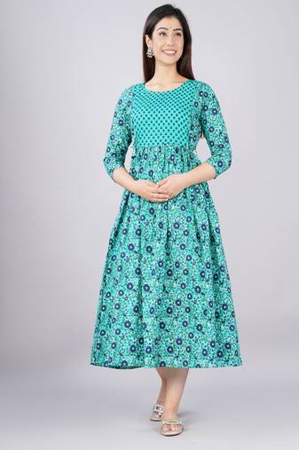 Women floral printed round neck pure cotton maternity dress