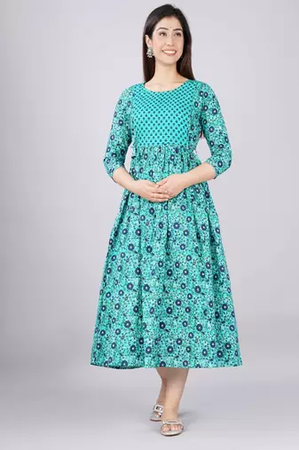 Women floral printed round neck pure cotton maternity dress