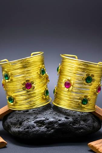 combo of two floral multi crystal cz ad stone floral cuff bangle bracelets