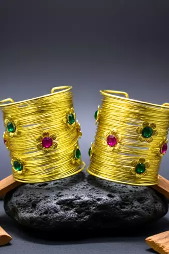 combo of two floral multi crystal cz ad stone floral cuff bangle bracelets