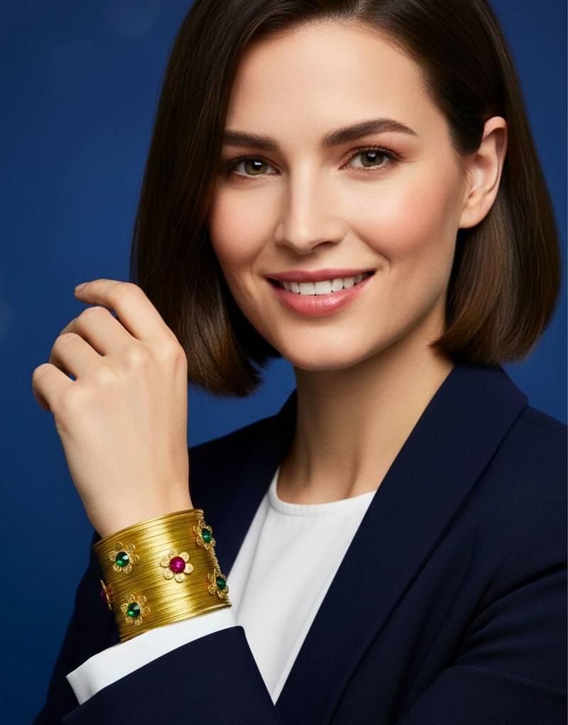 combo of two floral multi crystal cz ad stone floral cuff bangle bracelets