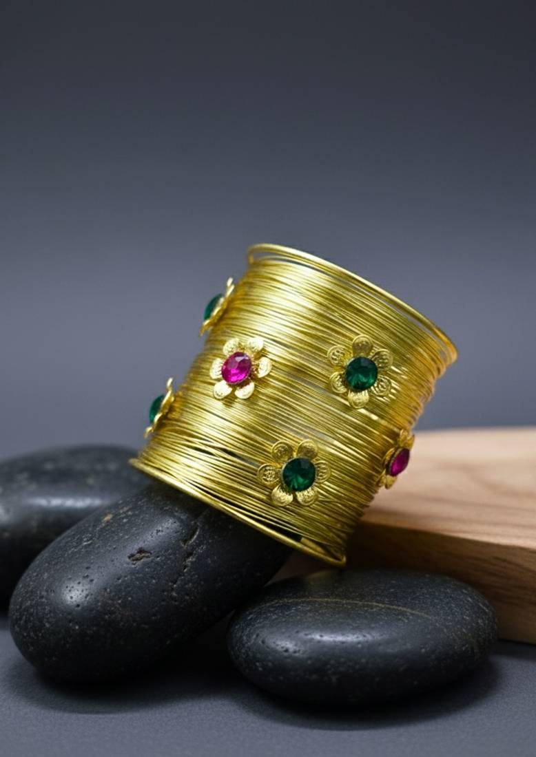 combo of two floral multi crystal cz ad stone floral cuff bangle bracelets