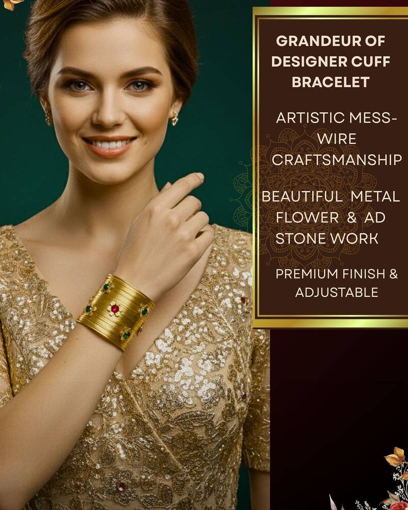 combo of two floral multi crystal cz ad stone floral cuff bangle bracelets