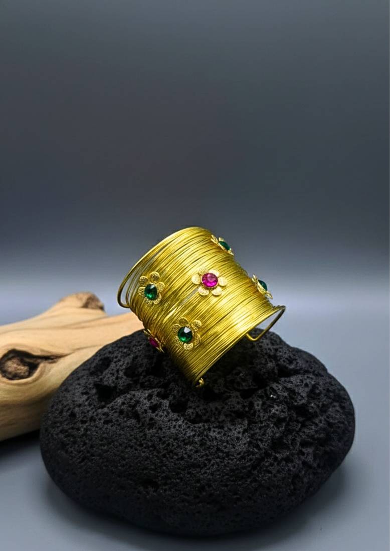 combo of two floral multi crystal cz ad stone floral cuff bangle bracelets