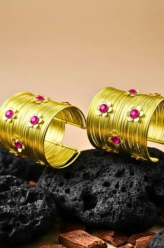 combo of two floral hot pink crystal cz ad stone western cuff bangle bracelets