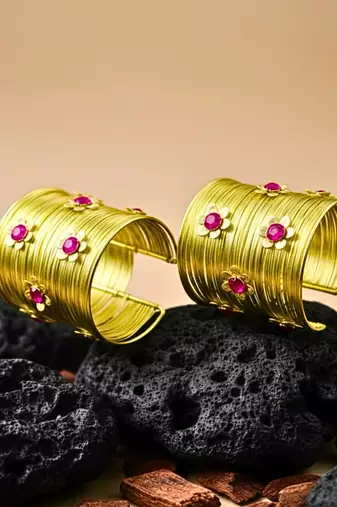 combo of two floral hot pink crystal cz ad stone western cuff bangle bracelets