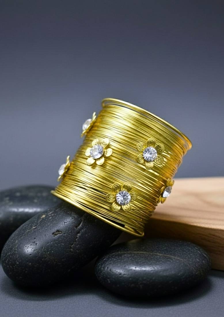 combo of two floral white crystal cz ad stone floral cuff bangle bracelets