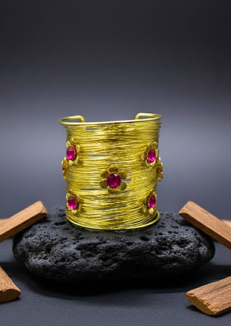 combo of two floral hot pink crystal cz ad stone western cuff bangle bracelets