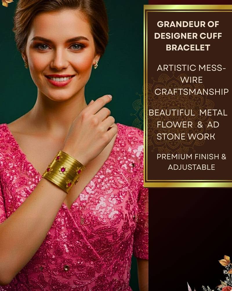 combo of two floral hot pink crystal cz ad stone western cuff bangle bracelets