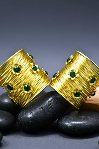combo of two floral green crystal cz ad stone western cuff bangle bracelets